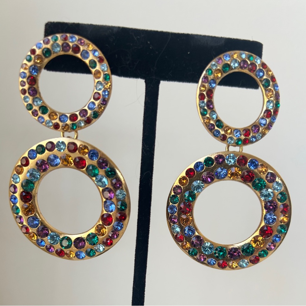 Multi Color Sparkly Rhinestone Dangle Earrings Rose Gold Tone Jewel Tones Runway